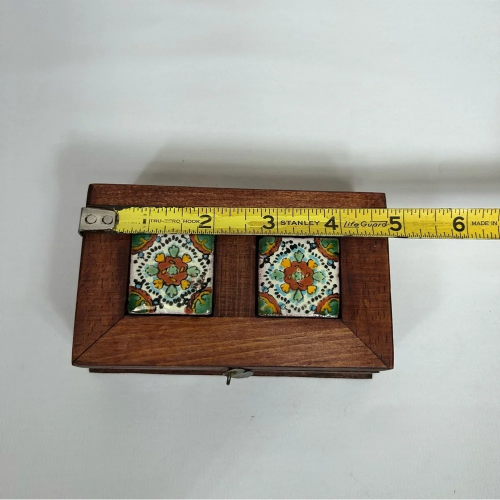 Handcrafted Vintage Wooden Trinket Box With Hand Painted Ceramic Tile Detail